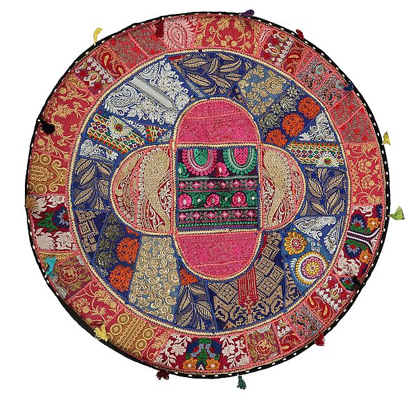 Nautical-Blue Hand-Crafted Round Wall Hanging from Gujarat with Upcycled Embroidery Patchwork