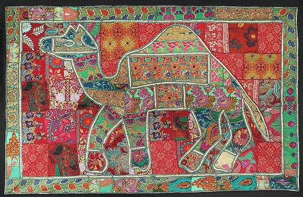 Sage-Green Hand-Crafted Camel Wall Hanging from Gujarat with Upcycled Embroidery Patchwork
