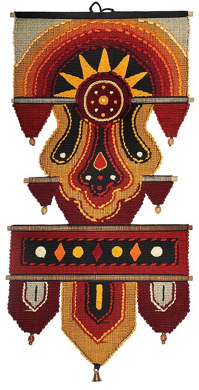 Flame-Scarlet Cotton Handmade Wall-Hanging with Wooden Beads and Brass Bells from Maharashtra