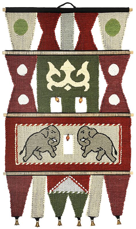 String-Gray Cotton Handmade Elephant Wall-Hanging with Wooden Beads and Brass Bells from Maharashtra