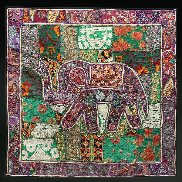 Hyacinth-Violet Hand-Crafted Elephant Wall Hanging from Gujarat with Upcycled Embroidery Patchwork