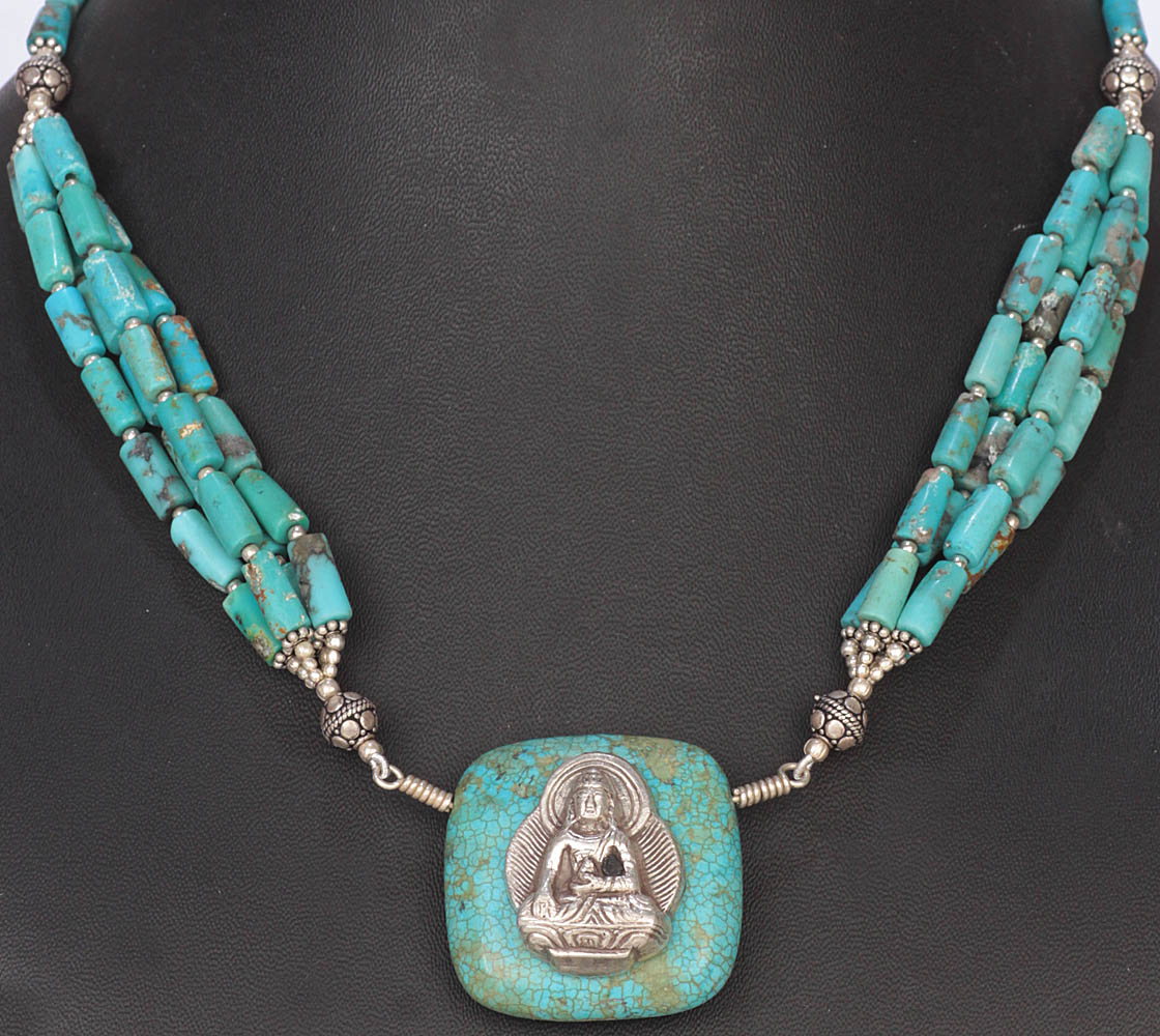 Turquoise Beaded Necklace with Buddha Pendant