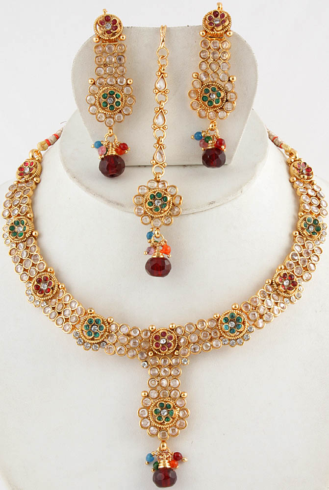 Polki Floral Necklace with Earrings and Mang Tika Set