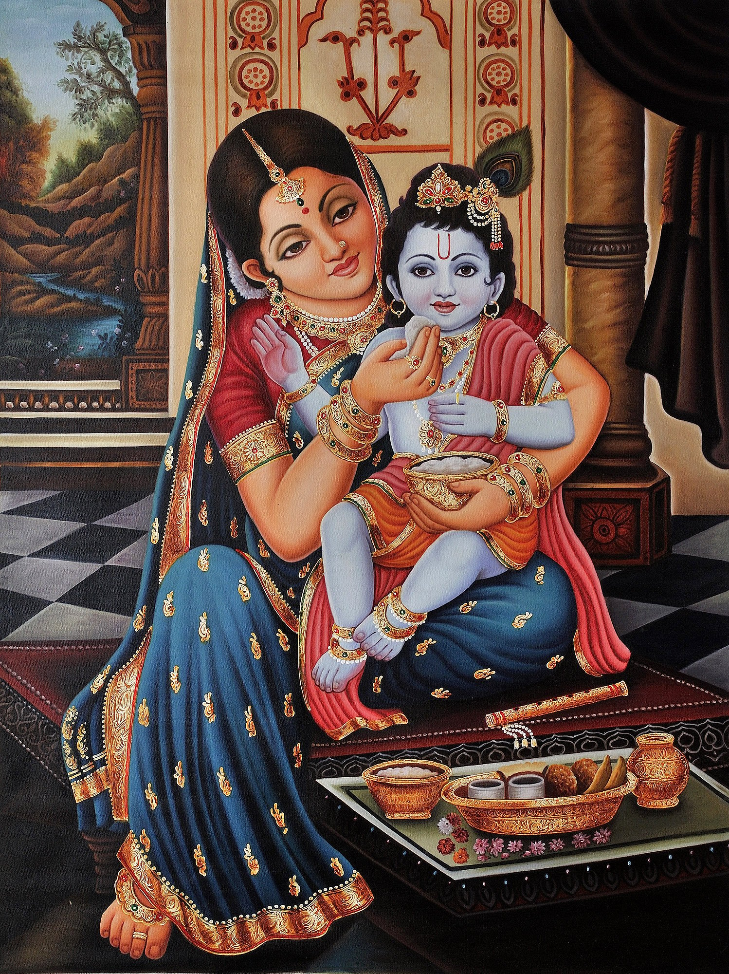 Mother Yashoda Feeding Baby Krishna (Framed)