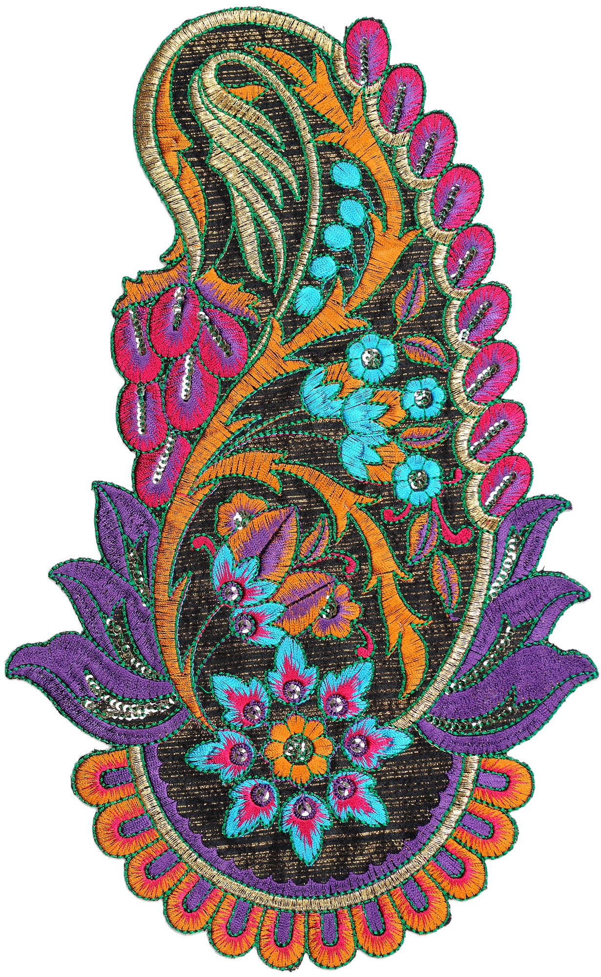 Multi-Color Large Embroidered Paisley Patch with Sequins and Cutwork