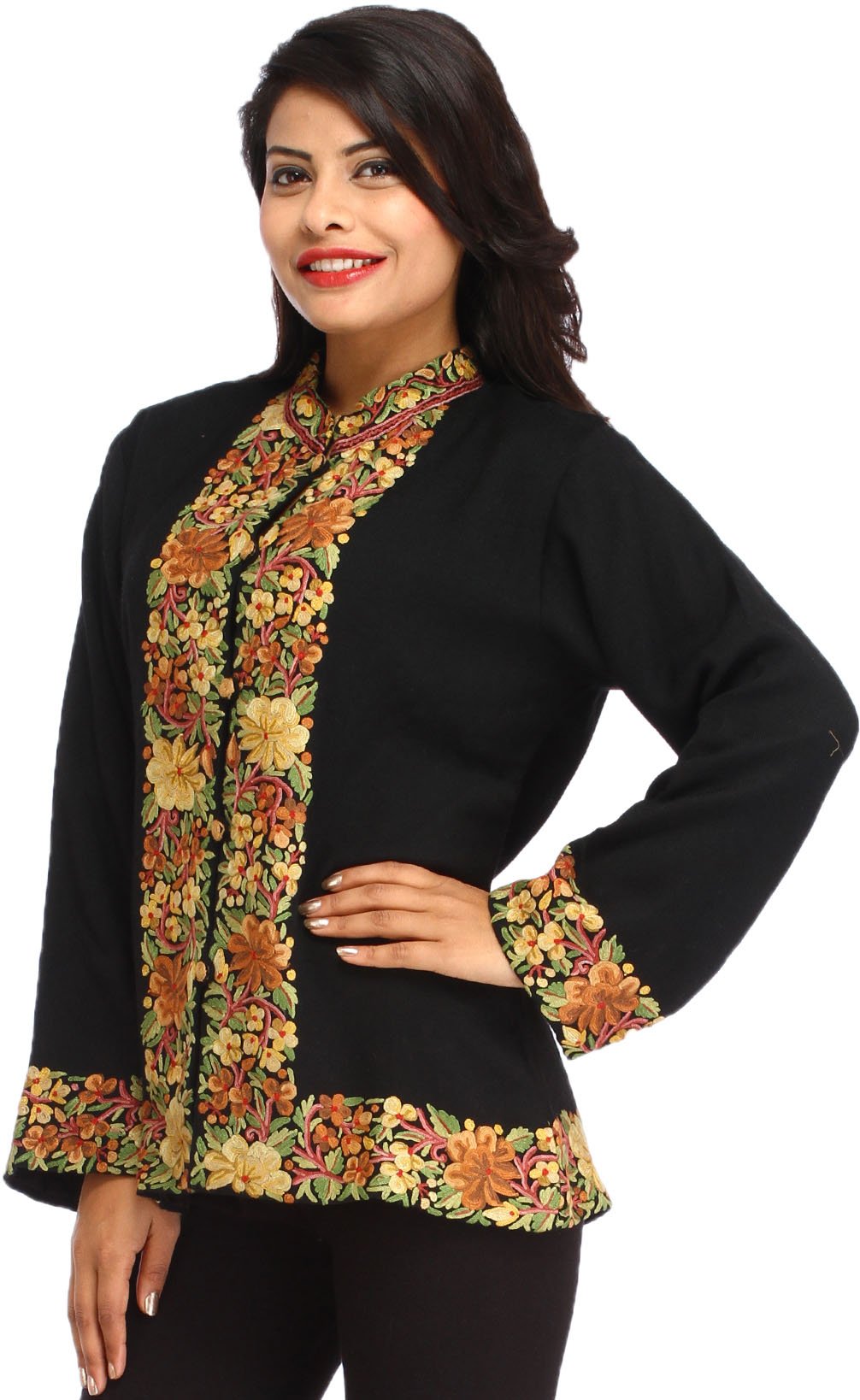 Caviar-Black Jacket from Kashmir with Ari Embroidered Flowers