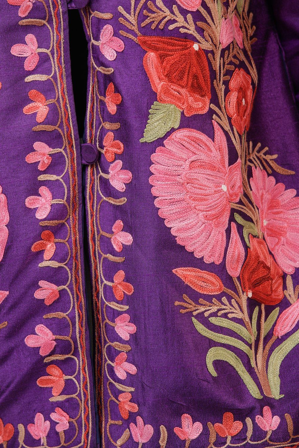 Royal-Purple Silk Jacket from Kashmir with Chain-stitch Embroidered Big ...