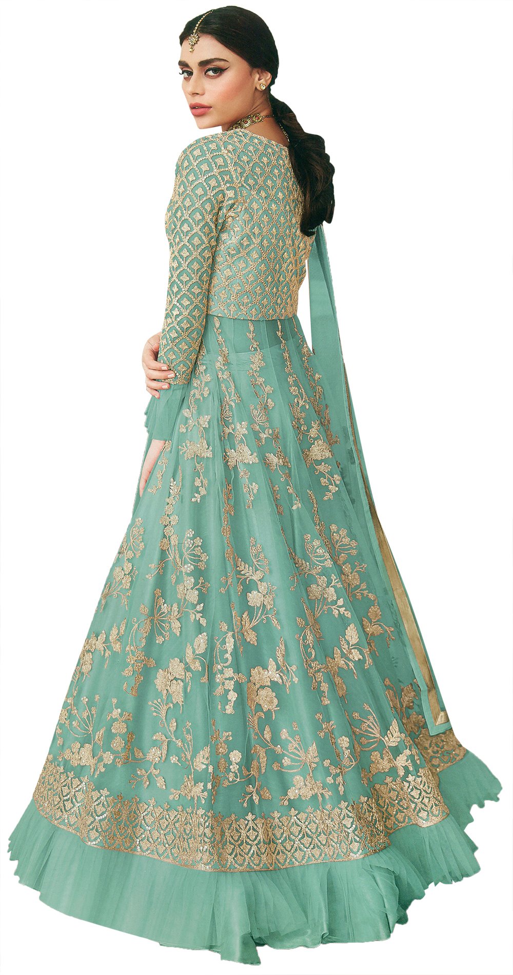 Turquoise Lehenga Choli with Crystal Studded Crop-Top and Net Dupatta