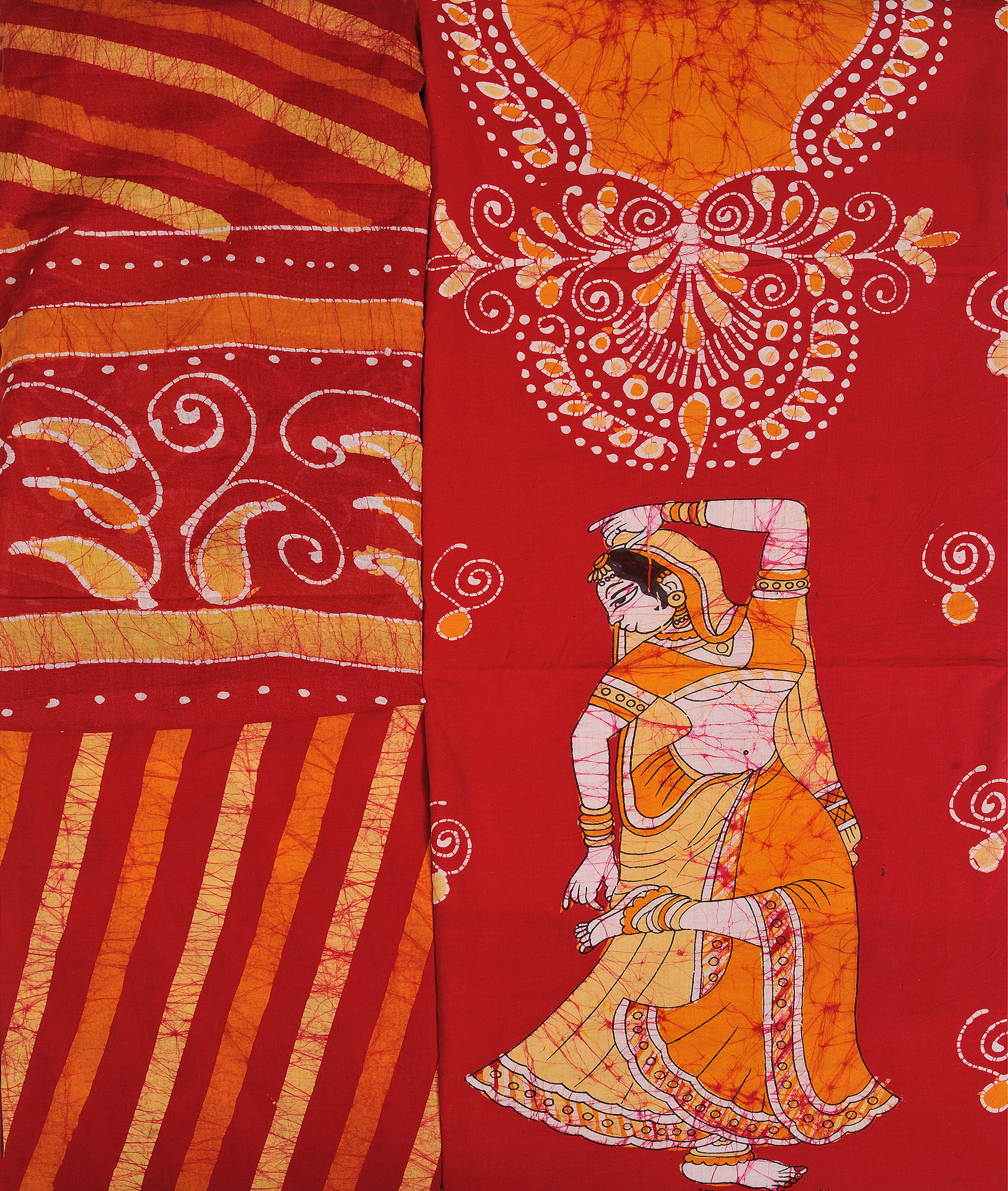 Ribbon-Red Batik Salwar Kameez Fabric with Printed Dancing Lady