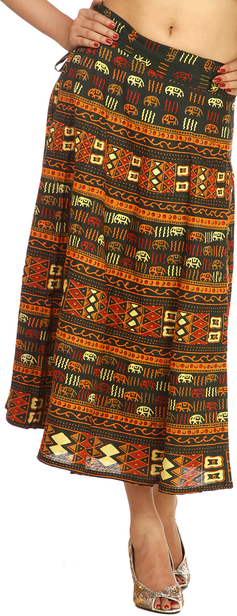 Jungle-Green Wrap-Around Block Printed Skirt with Folk Motifs