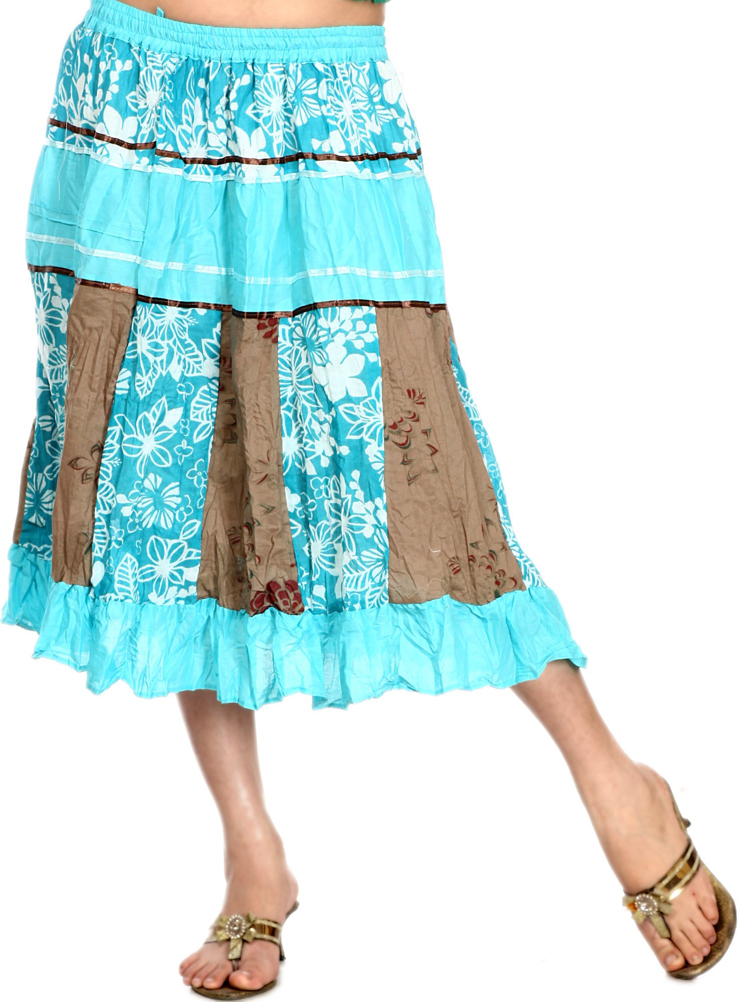 Capri-Blue Midi-Skirt with Printed Flowers and Patchwork