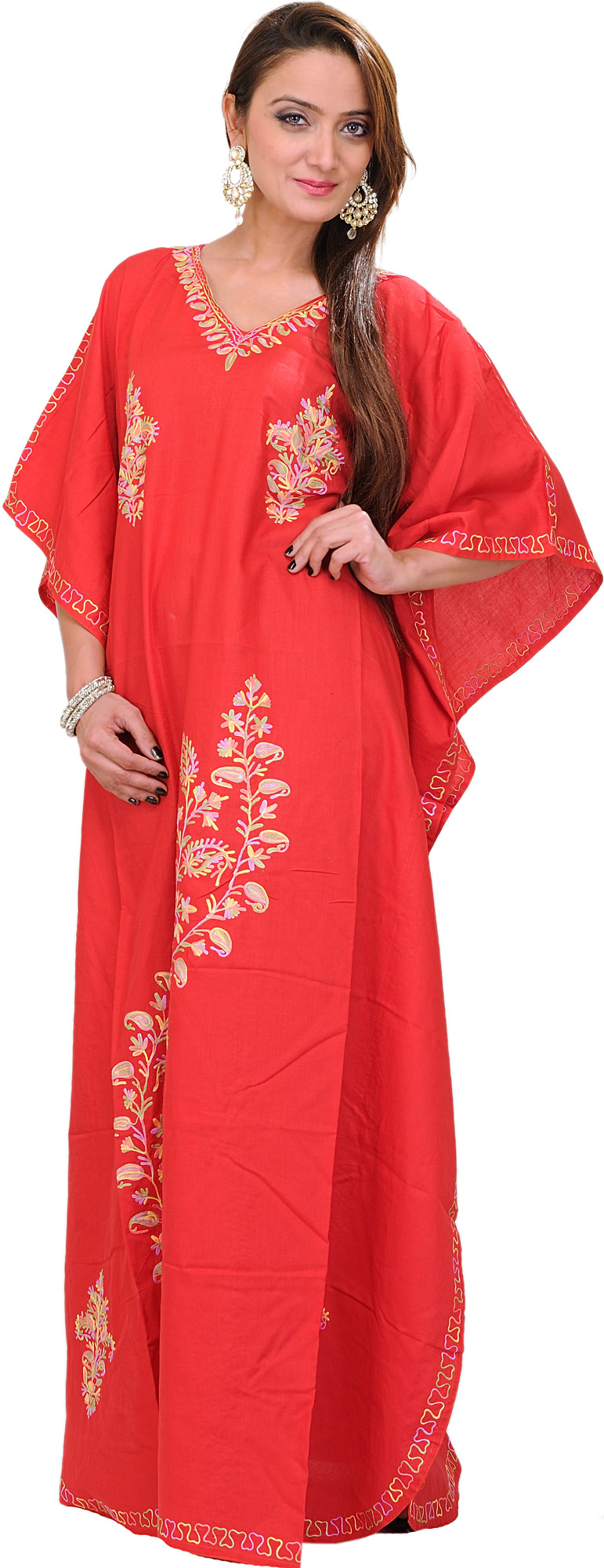 Tomato-Red Kaftan from Kashmir with Ari Embroidered Paisleys