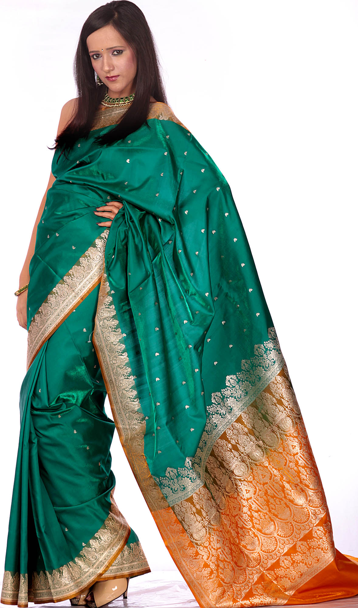 Green Banarasi Sari with Golden Bootis and Brocaded Anchal