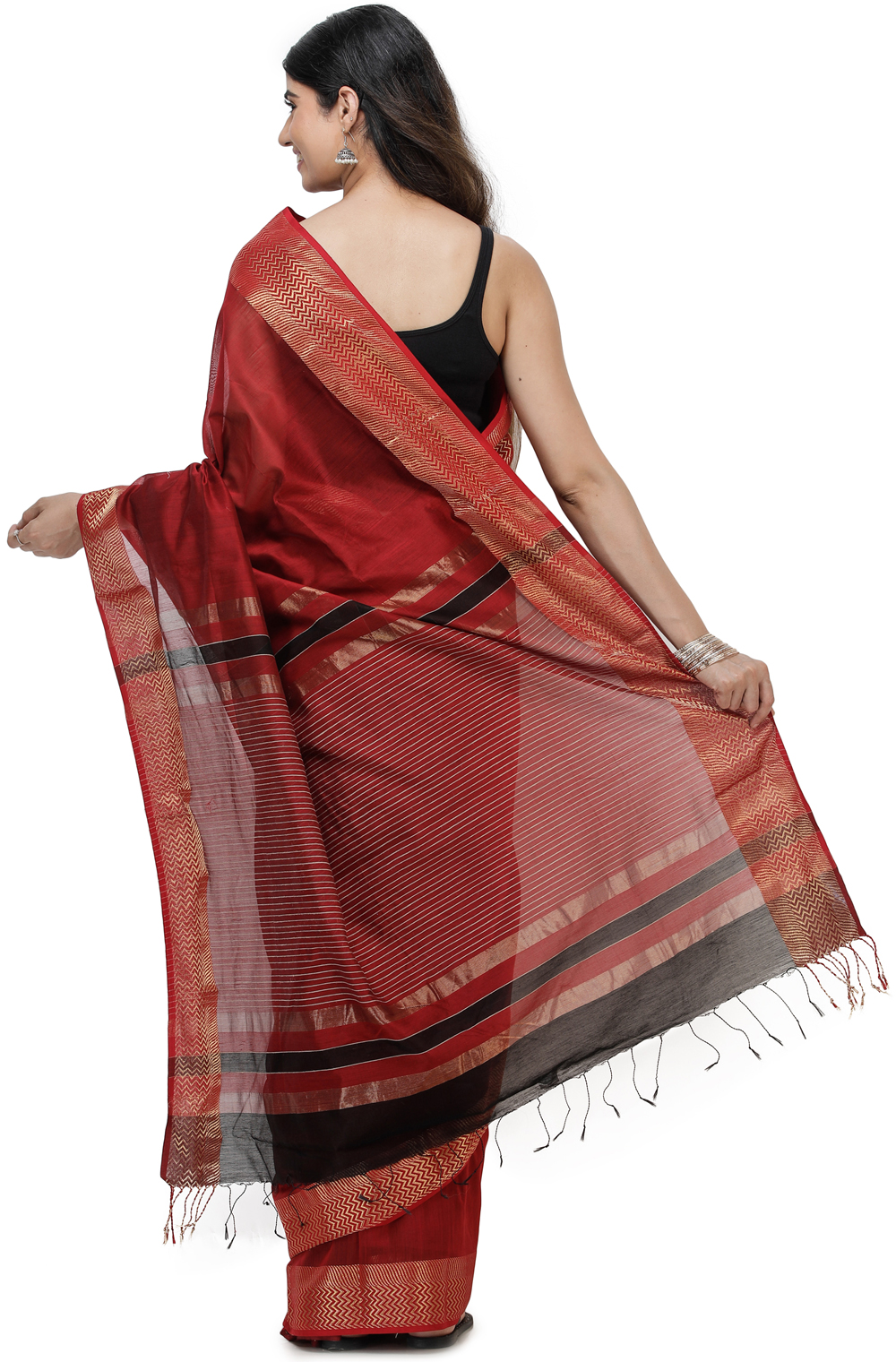 Maheshwari Handloom Sari with Golden Thread Weave on Border and Pin-Stripes