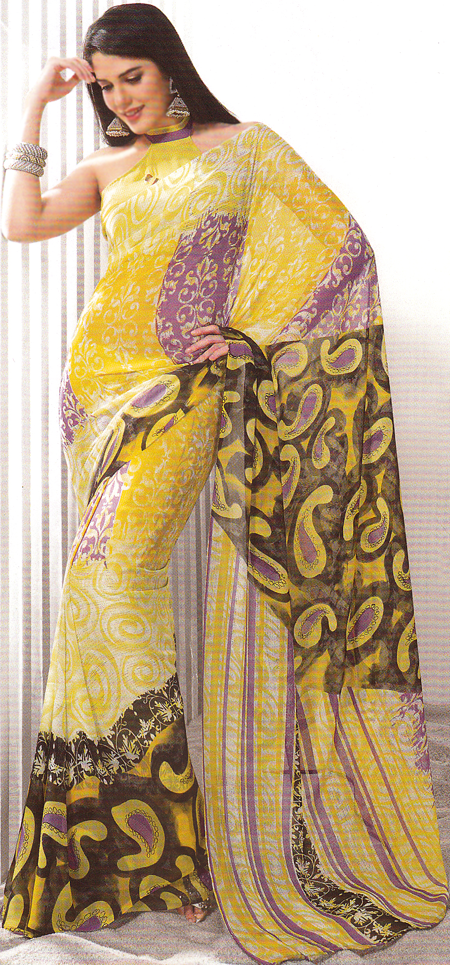 Yellow Designer Sari with Modern Print and Paisleys All-Over