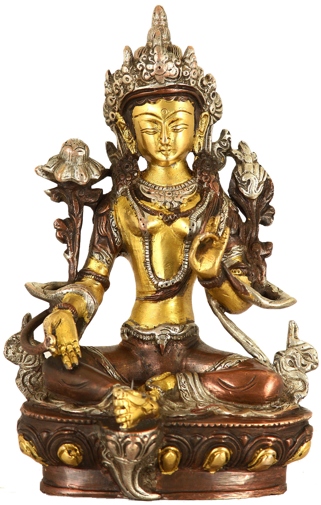 Multi-Colour Brass 9 x 12 x 6.5-Inch Exotic India Tibetan Buddhist God Healing Buddha Statue 