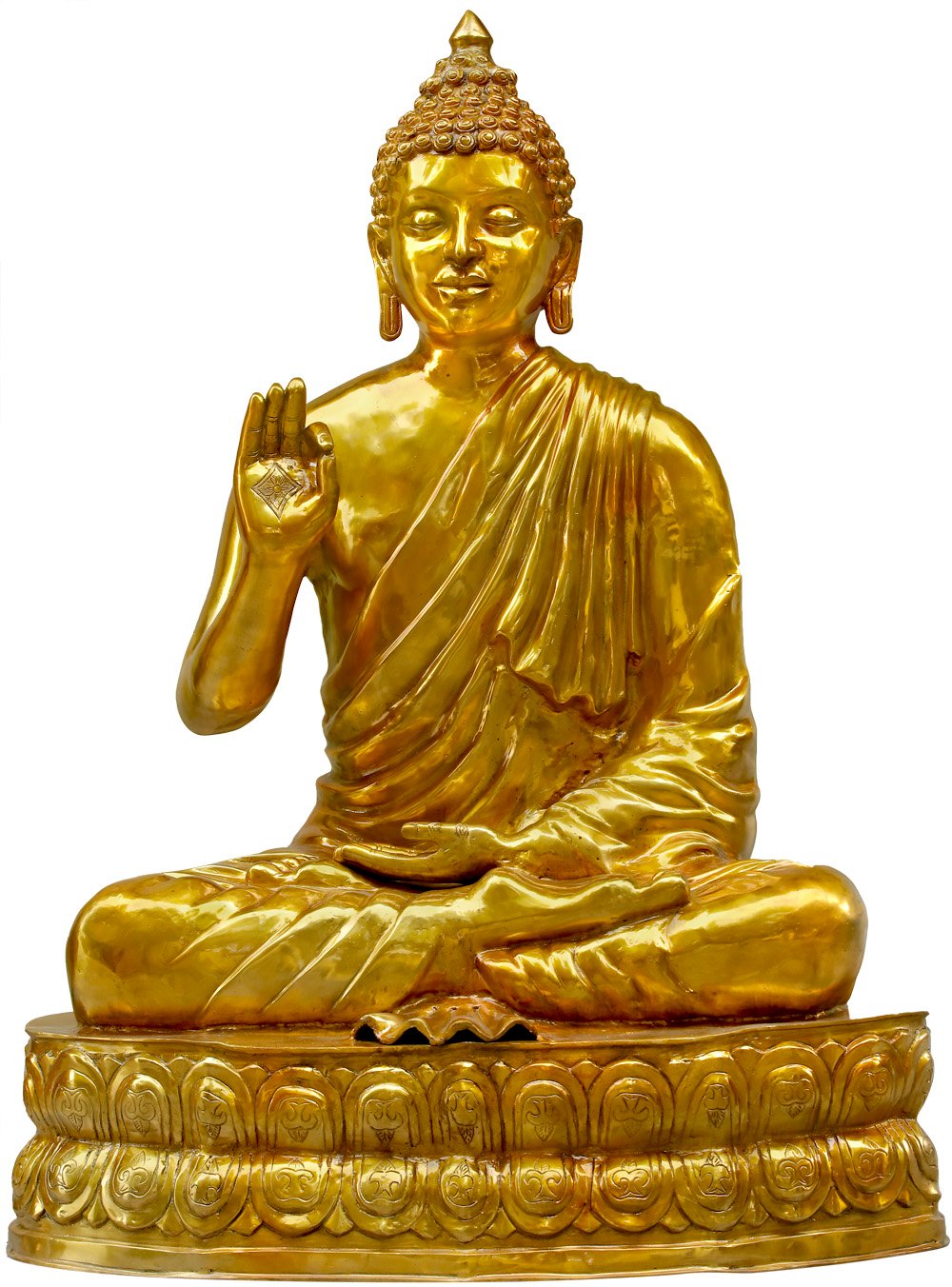 Brass Statue Exotic India Buddha Seated On A Lotus Color Green GoldColor His Hand In Bhumisparsha Mudra