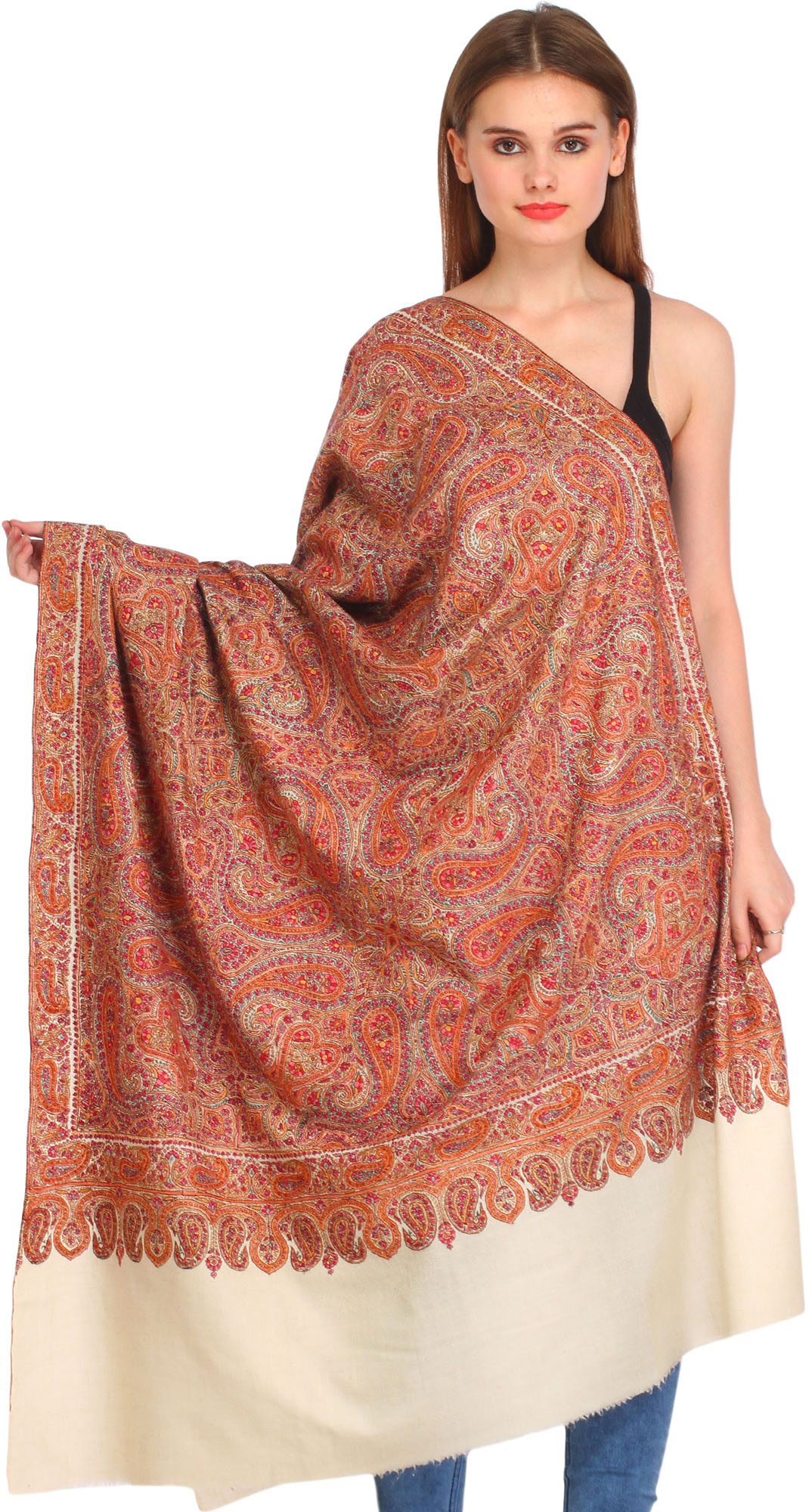 Off-White Kashmiri Pure Pashmina Shawl with Hand-Embroidered Forest of Paisleys