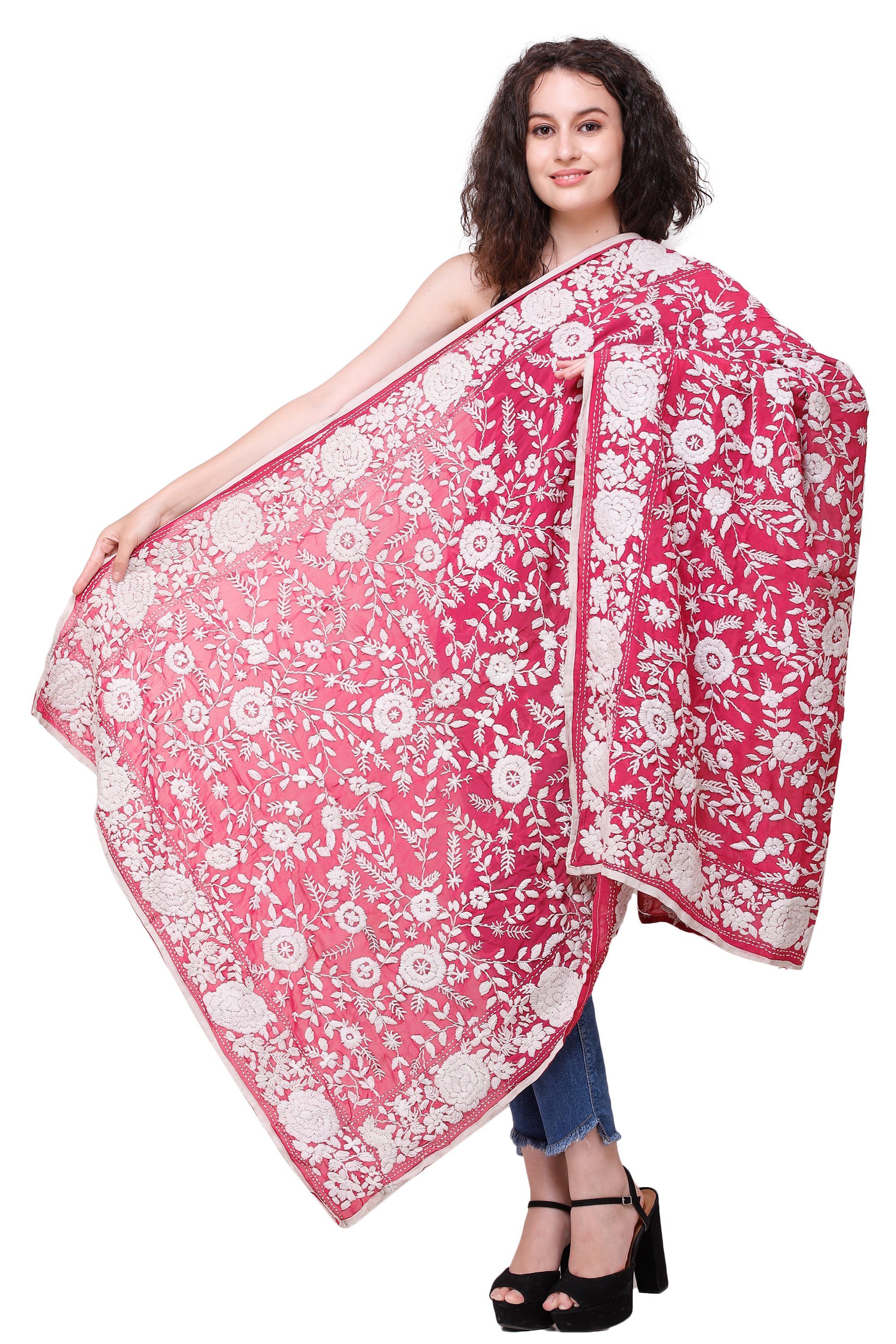 Carmine Heavy Dupatta from Punjab with Phulkari Hand-Embroidery