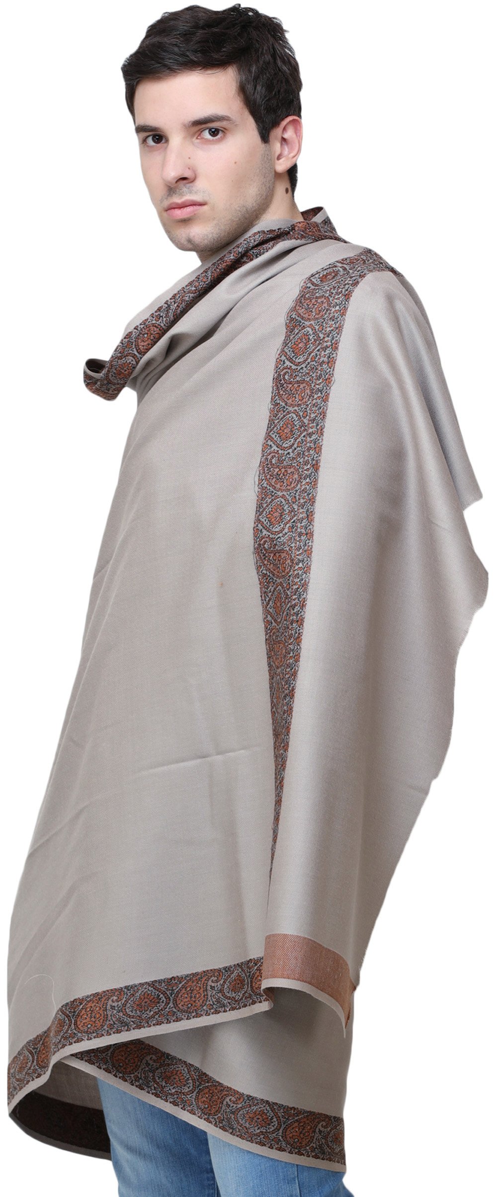 Plain Men's Shawl with Brown Woven Border