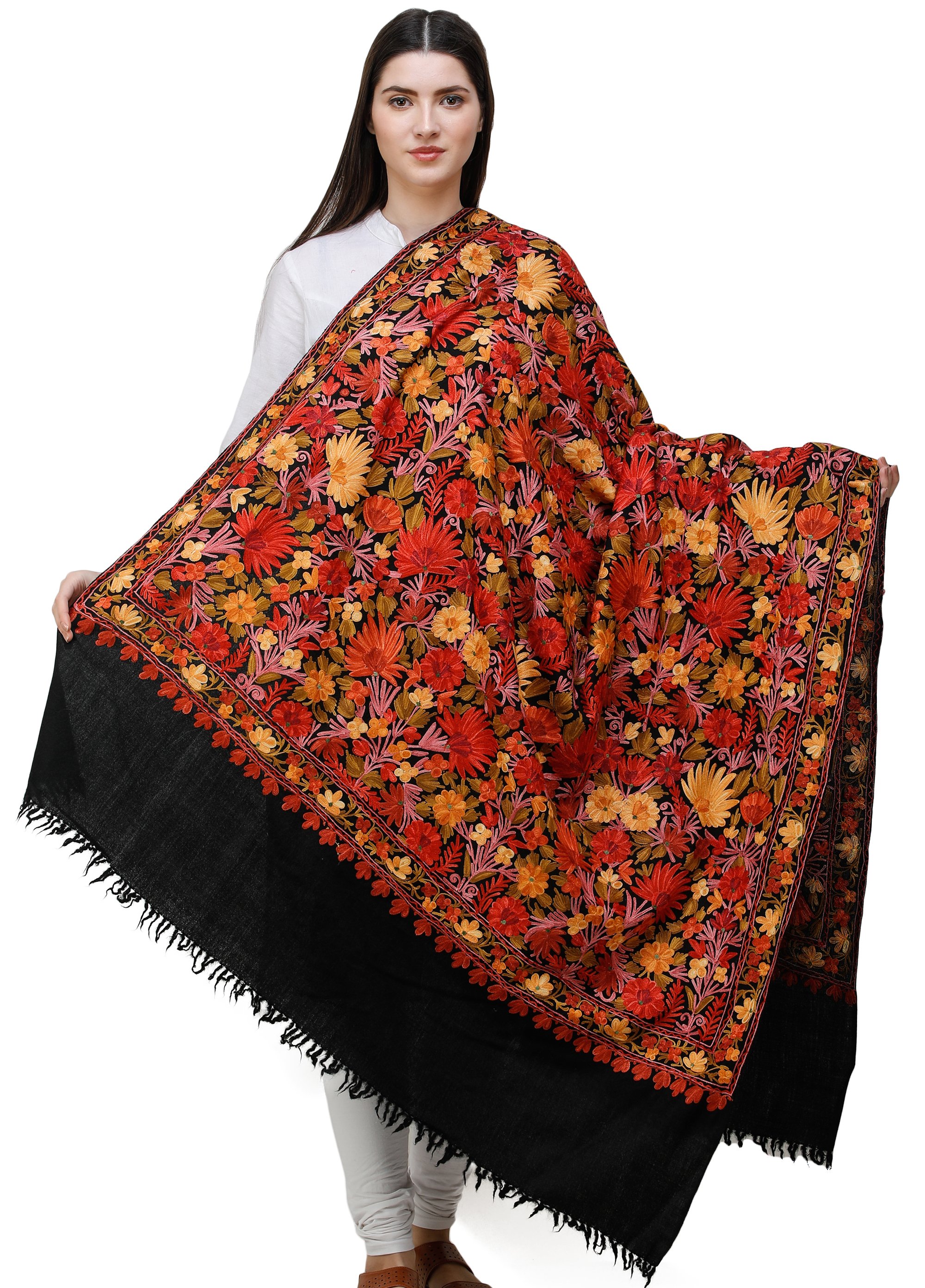 Jet Black Shawl  from Kashmir with Ari Embroidered Flowers