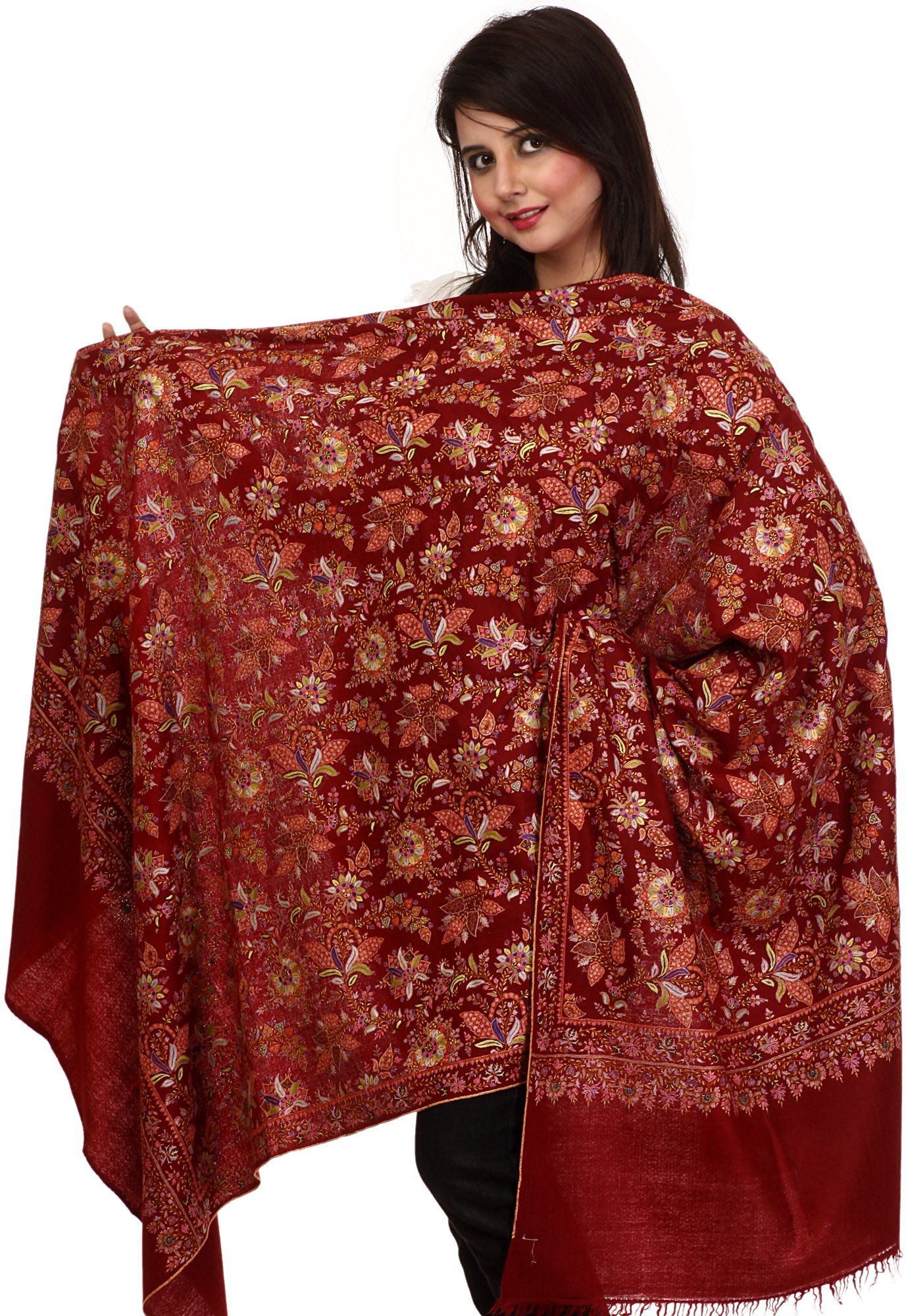 Tango-Red Pure Pashmina Shawl From Kashmir With Jafreen Hand-Embroidery ...