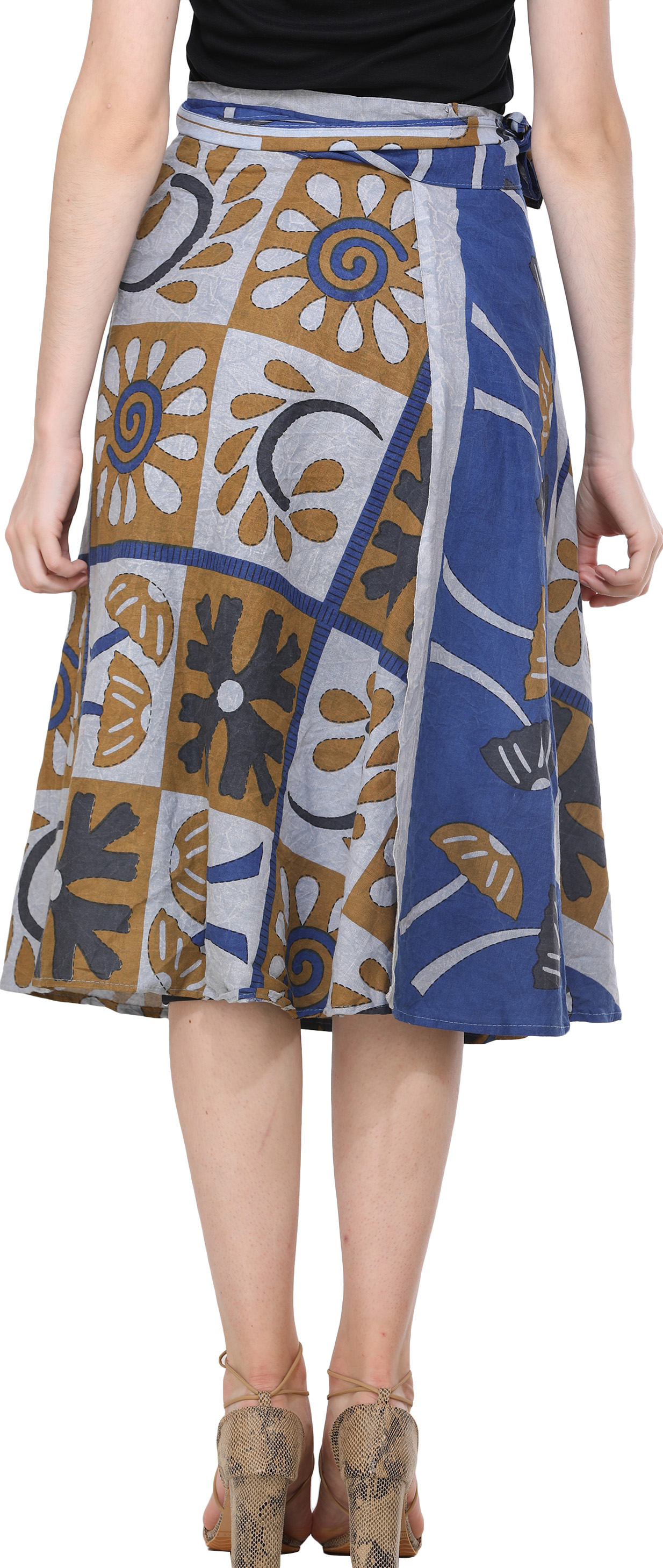 Wrap-Around Casual Stone-washed Midi Skirt with Printed Palm Trees