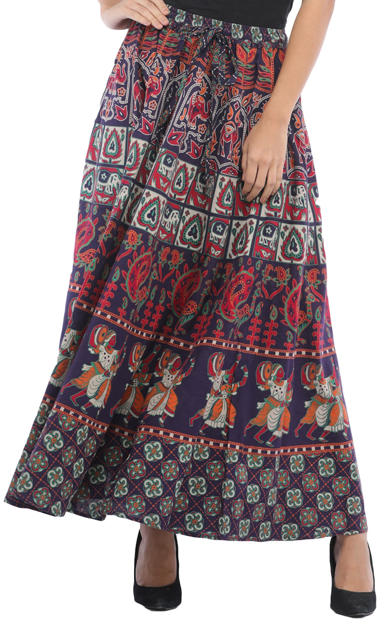 Sanganeri Long Skirt with Printed Elephants and Peacocks