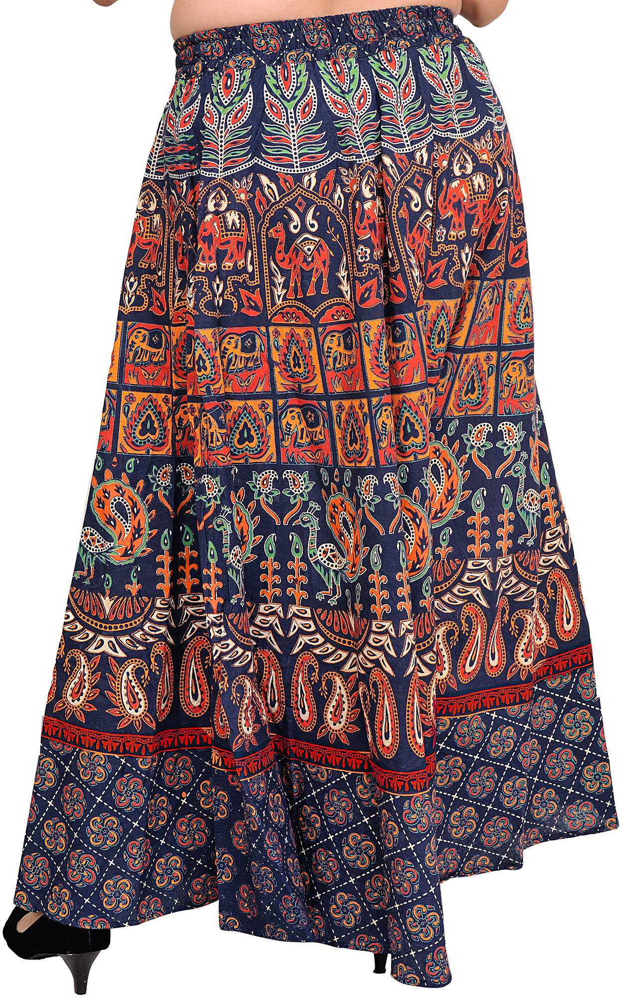 Sanganeri Long Skirt with Printed Elephants and Peacocks