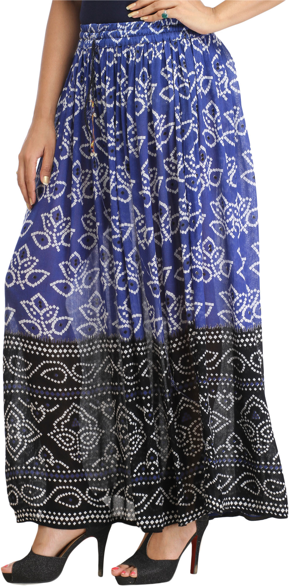 Double-Shaded Elastic Long Skirt with Bandhani Print