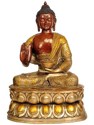Brass Statue Exotic India Buddha Seated On A Lotus Color Green GoldColor His Hand In Bhumisparsha Mudra